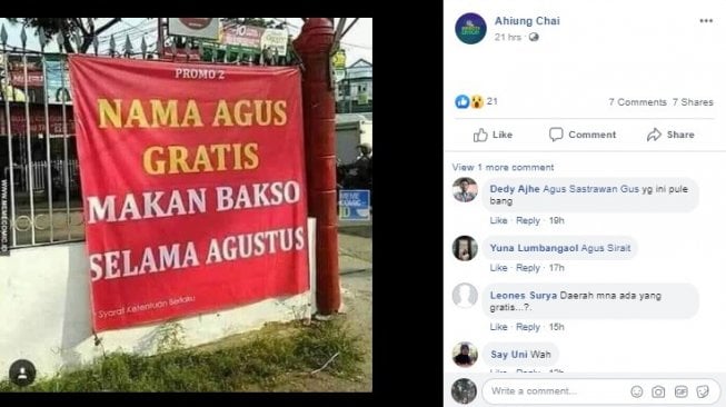 Promo Agustus buat Anda yang bernama Agus. [Facebook]