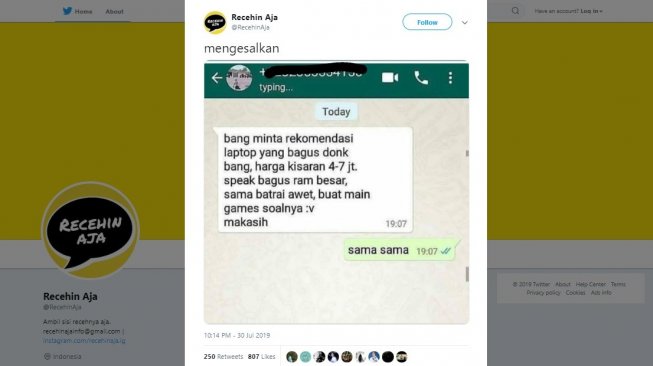 Tangkapan layar chat minta rekomendasi laptop gaming. [Twitter]