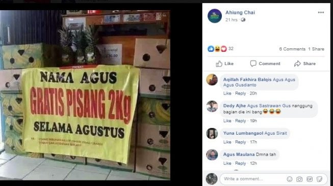 Promo Agustus buat Anda yang bernama Agus. [Facebook]