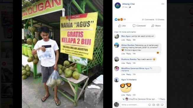 Promo Agustus buat Anda yang bernama Agus. [Facebook]