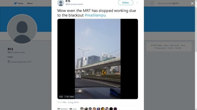 MRT mogok saat listrik mati berjam-jam, Minggu (4/8/2019) - (Twitter/@Rehanpoonawalla)