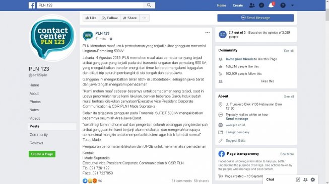 Keterangan PLN soal mati listrik berjam-jam di Jabodetabek, Minggu (4/8/2019) - (Facebook/PLN 123)