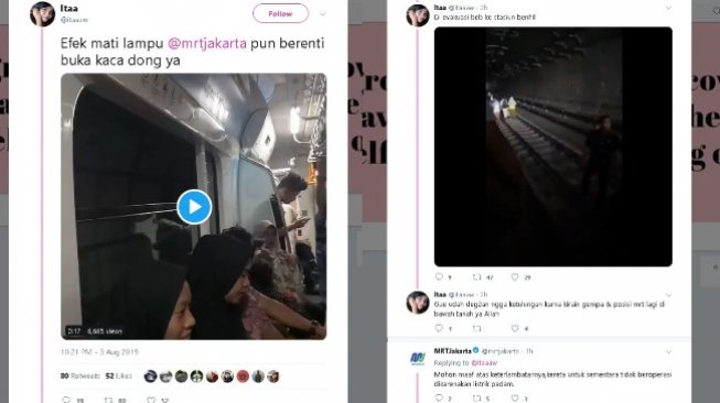 MRT mogok saat listrik mati berjam-jam, Minggu (4/8/2019) - (Twitter/@itaaaw)