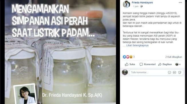 Cara menyelamatkan ASI perah saat listrik padam menurut ahli (Facebook/Frieda Handayani)