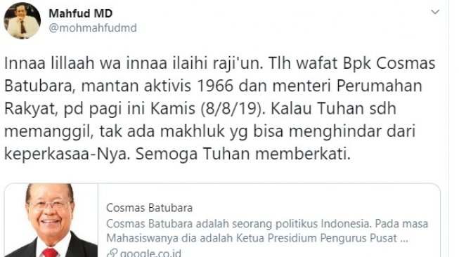 Comas Batubara meninggal. (Twitter/Mahfud MD)
