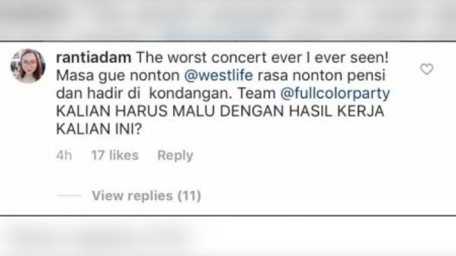 Testimoni penonton konser Westlife. [Twitter]