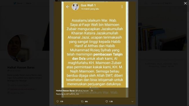 Ucapan terima kasih untuk Hanif Alatas dan Rizieq Shihab - (Twitter/@haikal_hassan)