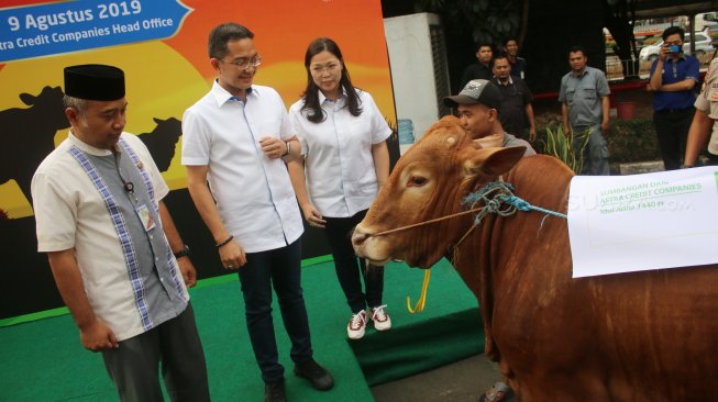 Chief Human Capital & General Affair Officer Astra Credit Companies (ACC) Matilda Esther (kanan) dan Chief Operation Officer Ezar Kumendong (tengah) secara simbolis menyerahkan sapi kurban kepada Lurah Tanjung Barat R. Andy, di Jakarta, Jumat (9/8). [Suara.com/Oke Atmaja]