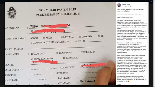 Formulir pendaftaran di puskesma dengan 5 jenis kelamin - (Facebook/Yuda W Putra)