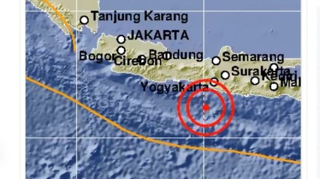 Titik pusat gempa Bantul, Yogyakarta pada Sabtu malam (10/8/2019). [Twitter/BMKG]