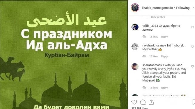 Petarung UFC asal Rusia, Khabib Nurmagemedov memberi ucapan selama Idul Adha kepada seluruh muslim di dunia melalui akun Instagramnya, (Instagram/@khabib_nurmagemedo)