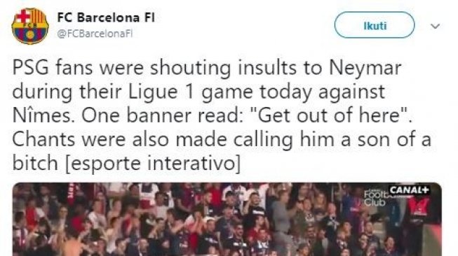 Suporter PSG usir Neymar. (Twitter/@FCbarcelonaF1).
