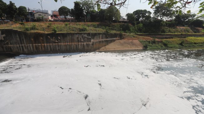 Suasana sungai Banjir Kanal Timur (BKT) yang diselimuti busa di kawasan Cipinang Muara, Jakarta, Rabu (14/8).  [Suara.com/Arya Manggala]