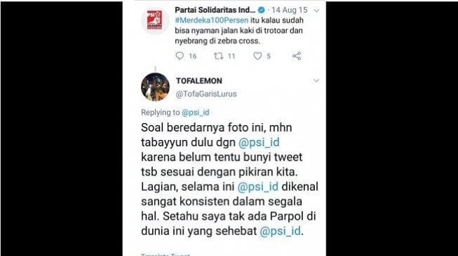 Bidik layar cuitan mantan Koordinator Relawan IT BPN Prabowo-Sandiaga, Mustofa Nahrawardaya yang turut berkomentar soal cuitan akun PSI. (Twitter)