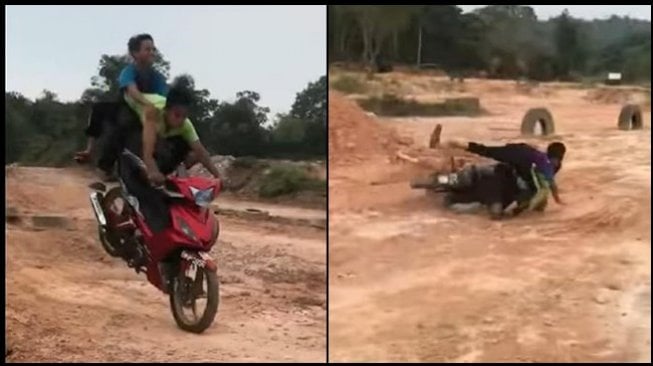 Geber Motor Bebek Layaknya Pembalap Motocross, Aksi Bocah Ini Bikin Ngilu