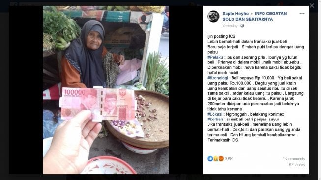 Korban uang palsu di Sukoharjo - (Facebook/Sapto Heyho/INFO CEGATAN SOLO DAN SEKITARNYA)