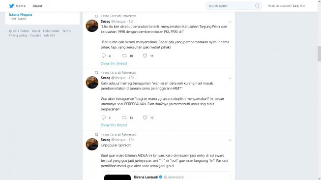 Cuitan yang mendukung video unggahan Kirana Larasati - (Twitter/@sheque)