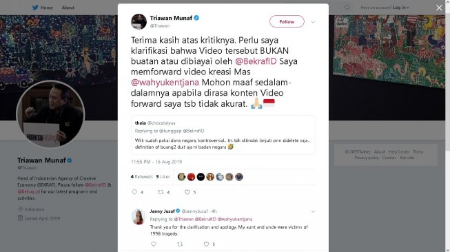 Klarifikasi Kepala Bekraf Triawan Munaf - (Twitter/@Triawan)