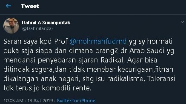 Cuitan Dahnil Anzar Simanjuntak soal pernyataan Mahfud MD. (Twitter/@DahnilAnzar)