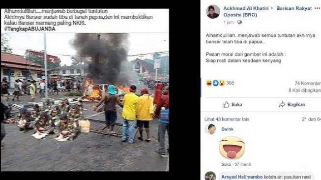 Rombongan Banser disebut telah tiba di Papua. (Foto: Cekfakta.com/Facebook)