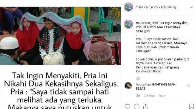 Pernikahan unik, pria nikahi dua pacar sekaligus. (Instagram/@makassar_iinfo)