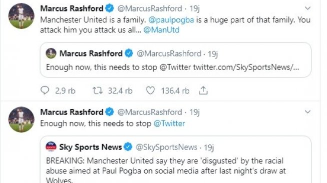 Penyerang Manchester United, Marcus Rashford ikut mengkampanyekan anti rasis di akun sosial media miliknya. (Twitter/@MarcusRashford)