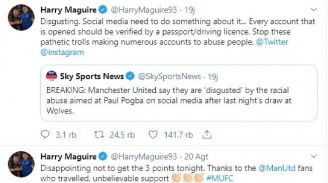 Pesan Harry Maguire untuk berhenti melayangkan ujaran kebencian di sosial media. (Twitter/@HarryMaguire93)