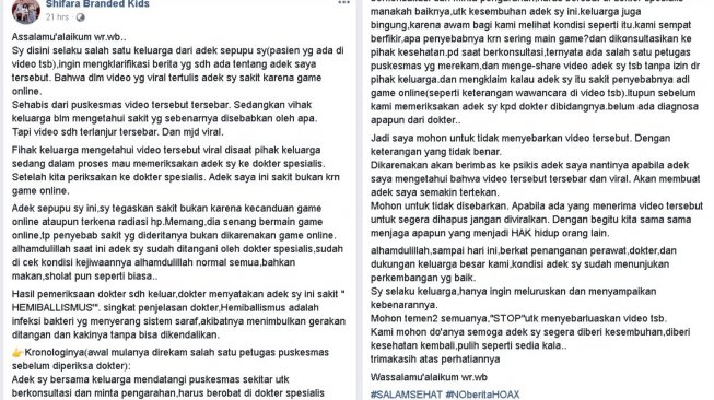 Klarifikasi tentang pasien di Magelang yang disebut kecanduan game - (Facebook/Shifara Branded Kids)