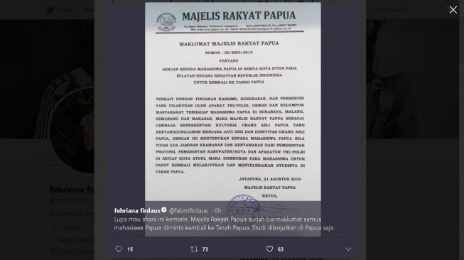 Maklumat Majelis Rakyat Papua (MRP) - (Twitter/@febrofirdaus)