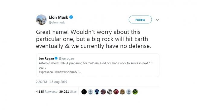 Cuitan Elon Musk yang mempertanyakan kemampuan Bumi bertahan dengan asteroid raksasa. [Twitter]