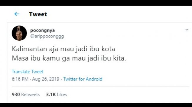 Cuitan tentang ibu kota pindah. (Twitter/@arippoconggg)