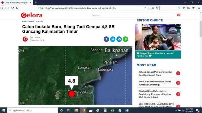 Tangkapan layar pemberitaan salah satu media online soal kabar gempa 4,8 SR di wilayah Kaltim pada 22 Agustus 2019. [Gelora.co/captured]