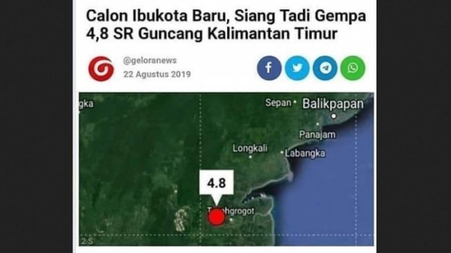 CEK FAKTA: Gempa 4,8 SR Guncang Daerah Calon Ibu Kota Baru, Benarkah?