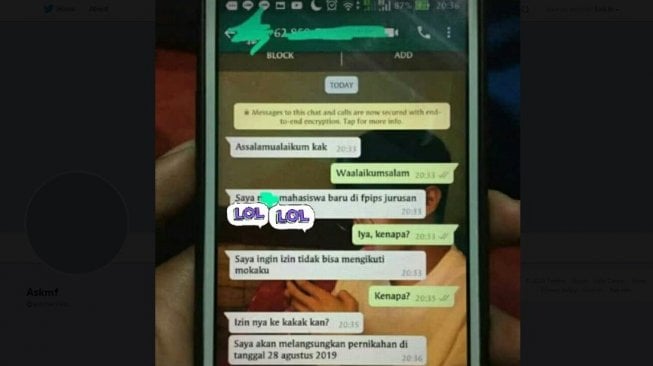 Tangkapan layar chat kocak, maba izin tidak ikut ospek. [Twitter]