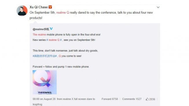 Pengumuman peluncuran realme Q. [Weibo]