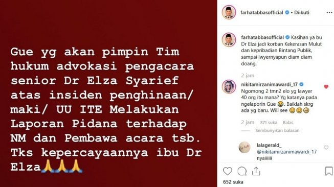 Farhat Abbas siap menjadi pengacara Elza Syarief soal diamuk Nikita Mirzani. [Instagram]