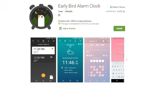 Aplikasi alarm, Early Bird Alarm Clock. [Google Play Store]