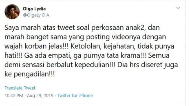 Twi Olga Lydia soal perkosaan anak. [Twitter]