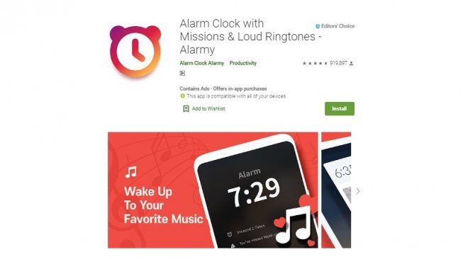 Aplikasi alarm, Alarm Clock with Missions & Loud Ringtones. [Google Play Store]