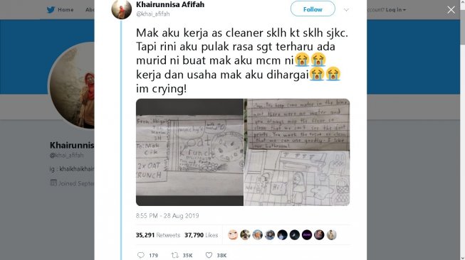 Bocah SD tulis surat untuk petugas kebersihan - (Twitter/@khai_afifah)