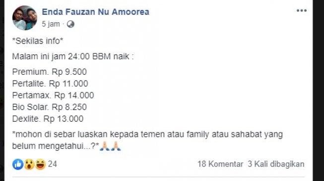 Salah satu kabar akan kenaikan harga BBM melalui laman Facebook. (bidik layar Facebook/via turnbackhoax.id)