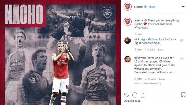 Arsenal resmi mengumumkan kepergian Nacho Monreal ke Real Sociedad. (Instagram/Arsenal)