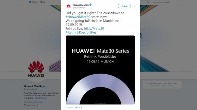 Pengumuman tanggal peluncuran Huawei Mate 30. [Twitter]