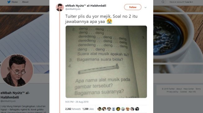 Pertanyaan kocak soal alat musik. [Twitter]