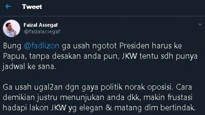 Usulkan Presiden Jokowi Blusukan ke Papua, Eks PA 212 Semprot Fadli Zon