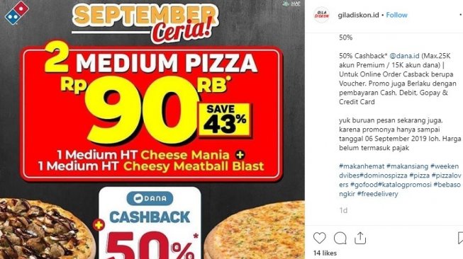  Promo Dominos Pizza di Harpelnas. (Instagram/GilaDiskon.id)