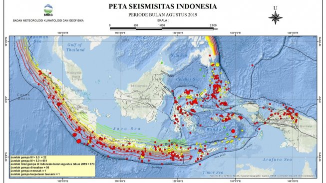 Peta titik gempa di Indonesia sepanjang Agustus 2019. [Facebook/Daryono BMKG]