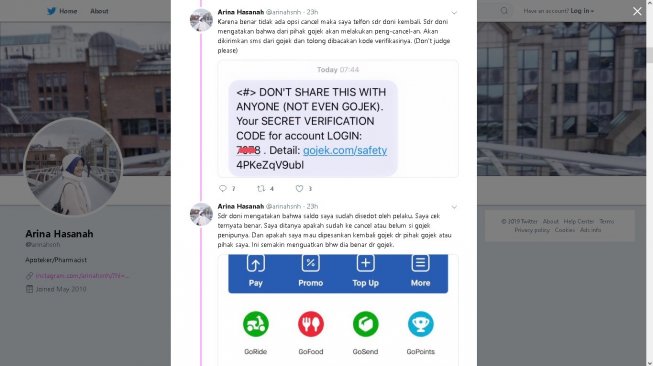 Pengguna Gojek jadi korban penipuan - (Twitter/@arinahsnh)