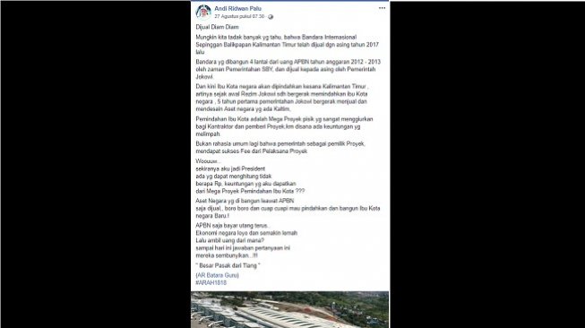 Bandara Sepinggan di Kalimantan Timur dikabarkan telah dijual ke asing. (Foto: Bidik layar Facebook / via Turnbackhoax.id)