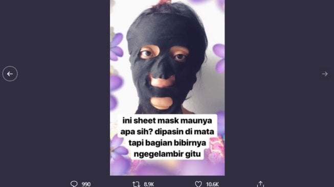 Bentuk sheet mask ini bikin bingung. (Twitter/@yuwkapanio)